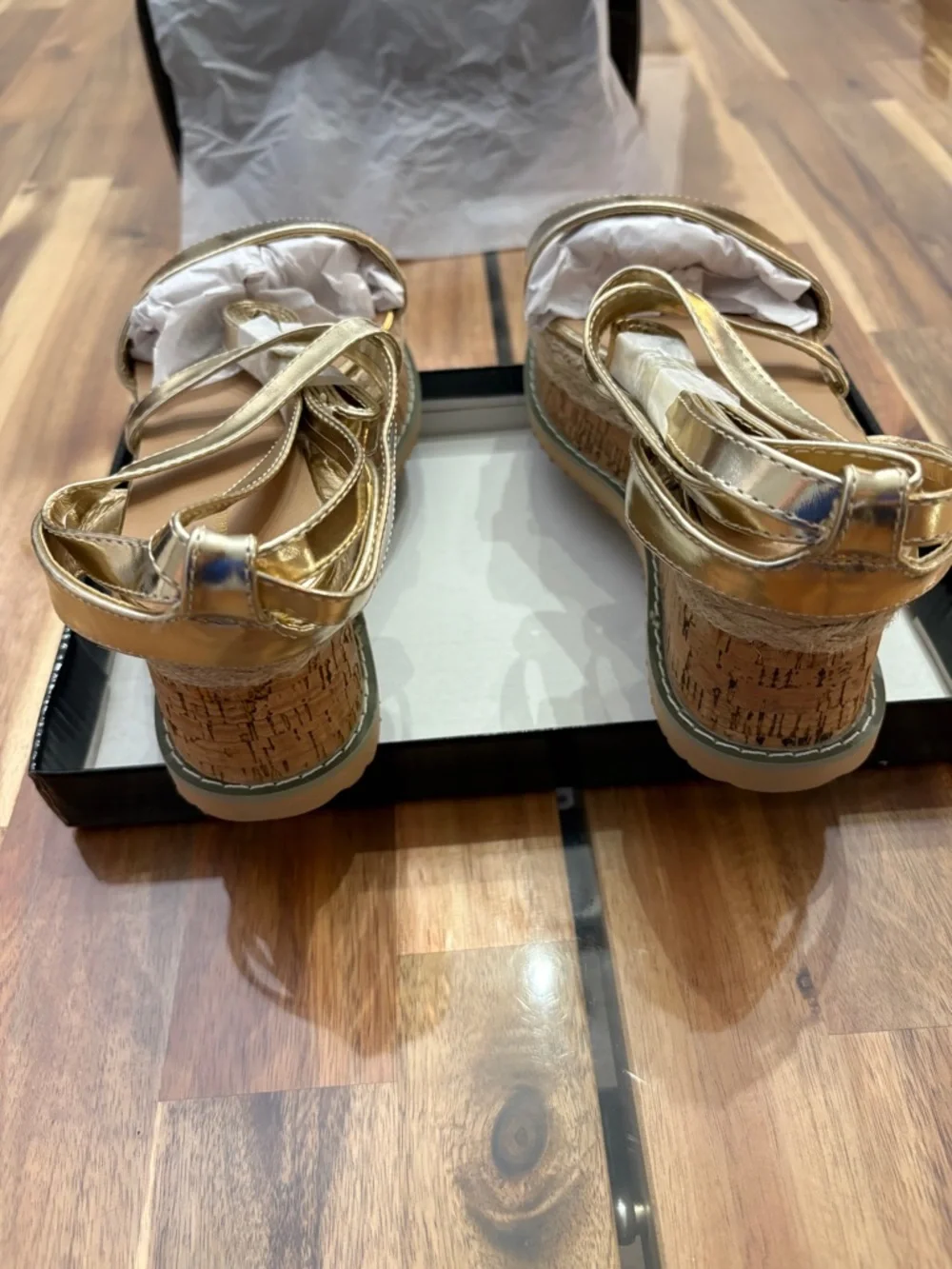 NIB Sz 7 Gold Metallic Espadrille Lace-Up Platform Sandals Wedges Shoes Shiny
